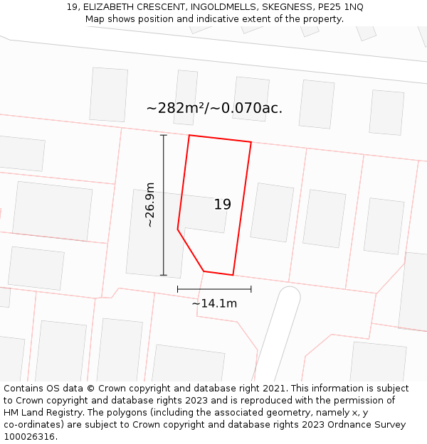 19, ELIZABETH CRESCENT, INGOLDMELLS, SKEGNESS, PE25 1NQ: Plot and title map