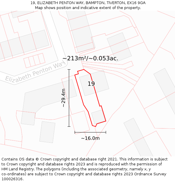 19, ELIZABETH PENTON WAY, BAMPTON, TIVERTON, EX16 9GA: Plot and title map
