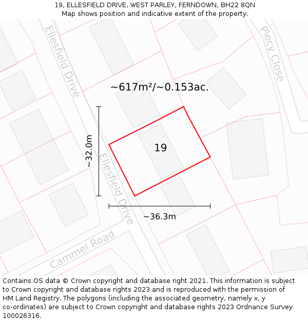 19, ELLESFIELD DRIVE, WEST PARLEY, FERNDOWN, BH22 8QN: Plot and title map