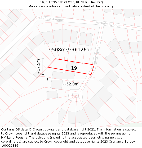 19, ELLESMERE CLOSE, RUISLIP, HA4 7PQ: Plot and title map