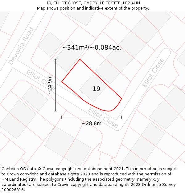 19, ELLIOT CLOSE, OADBY, LEICESTER, LE2 4UN: Plot and title map