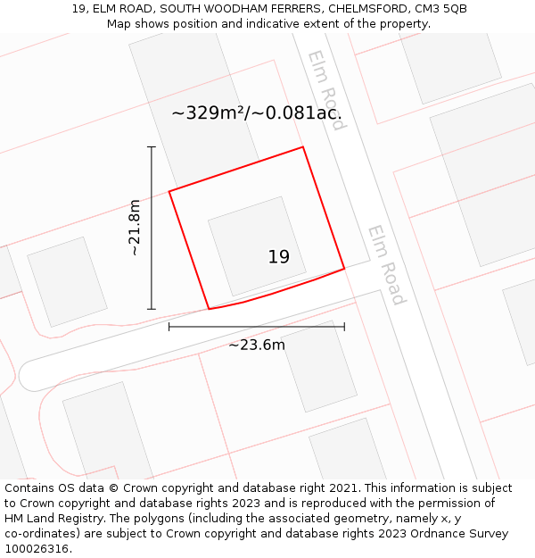 19, ELM ROAD, SOUTH WOODHAM FERRERS, CHELMSFORD, CM3 5QB: Plot and title map