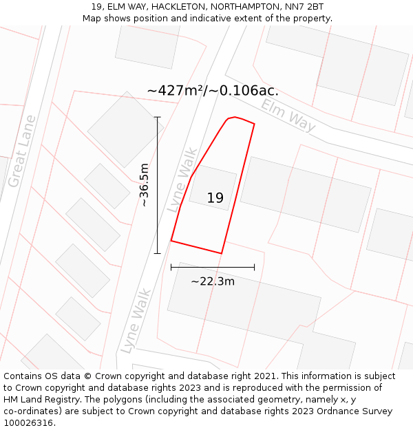 19, ELM WAY, HACKLETON, NORTHAMPTON, NN7 2BT: Plot and title map