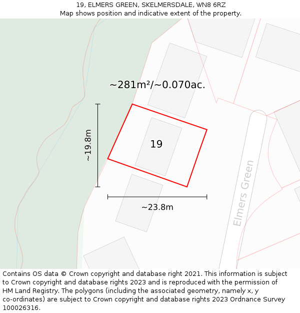 19, ELMERS GREEN, SKELMERSDALE, WN8 6RZ: Plot and title map
