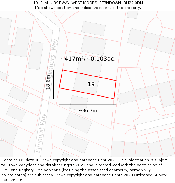 19, ELMHURST WAY, WEST MOORS, FERNDOWN, BH22 0DN: Plot and title map