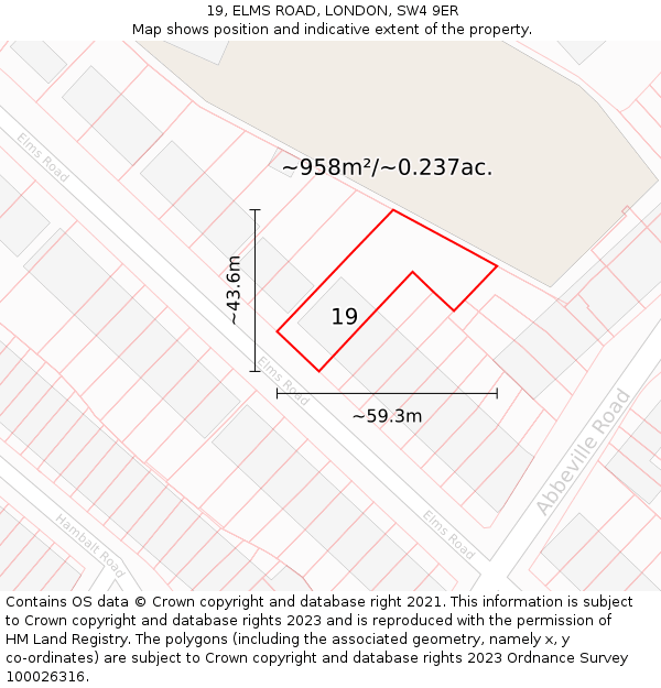 19, ELMS ROAD, LONDON, SW4 9ER: Plot and title map