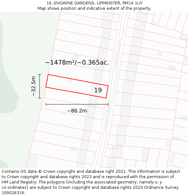19, ENGAYNE GARDENS, UPMINSTER, RM14 1UY: Plot and title map