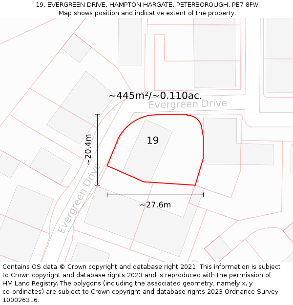 19, EVERGREEN DRIVE, HAMPTON HARGATE, PETERBOROUGH, PE7 8FW: Plot and title map