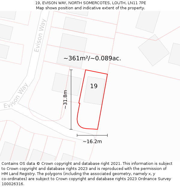 19, EVISON WAY, NORTH SOMERCOTES, LOUTH, LN11 7PE: Plot and title map