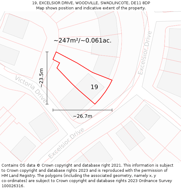 19, EXCELSIOR DRIVE, WOODVILLE, SWADLINCOTE, DE11 8DP: Plot and title map