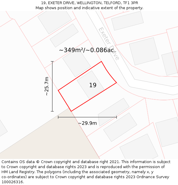 19, EXETER DRIVE, WELLINGTON, TELFORD, TF1 3PR: Plot and title map