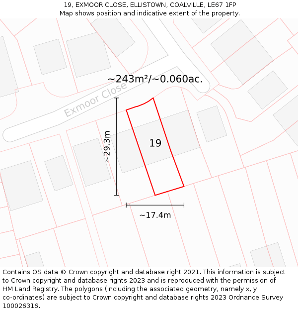 19, EXMOOR CLOSE, ELLISTOWN, COALVILLE, LE67 1FP: Plot and title map