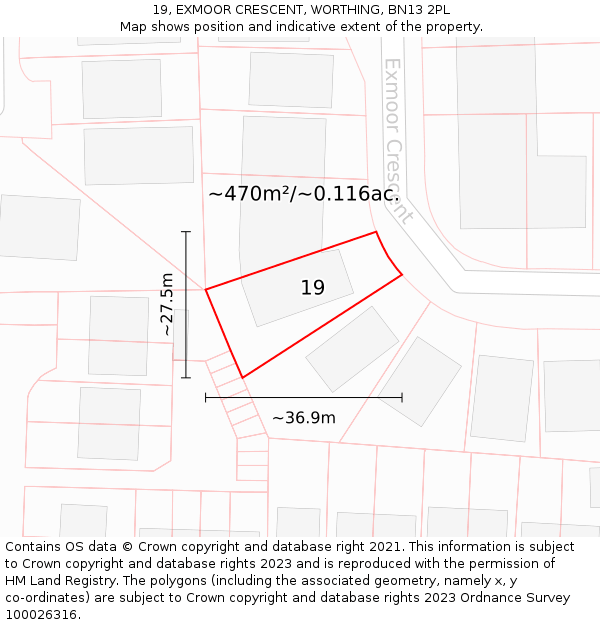 19, EXMOOR CRESCENT, WORTHING, BN13 2PL: Plot and title map