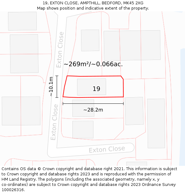 19, EXTON CLOSE, AMPTHILL, BEDFORD, MK45 2XG: Plot and title map