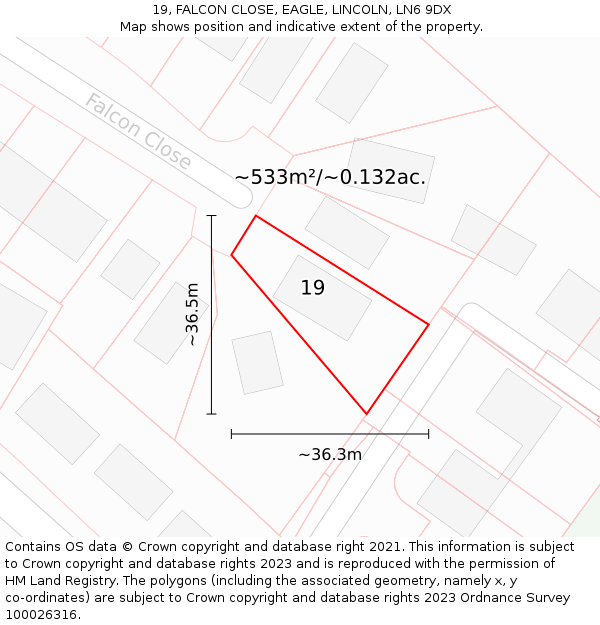 19, FALCON CLOSE, EAGLE, LINCOLN, LN6 9DX: Plot and title map
