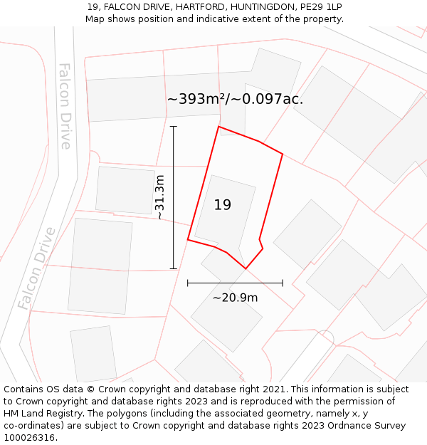 19, FALCON DRIVE, HARTFORD, HUNTINGDON, PE29 1LP: Plot and title map