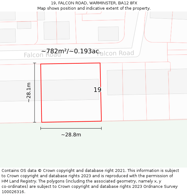 19, FALCON ROAD, WARMINSTER, BA12 8FX: Plot and title map