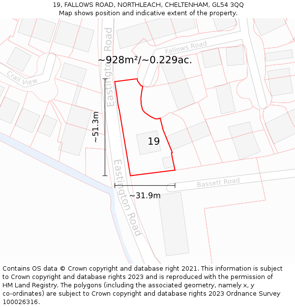 19, FALLOWS ROAD, NORTHLEACH, CHELTENHAM, GL54 3QQ: Plot and title map