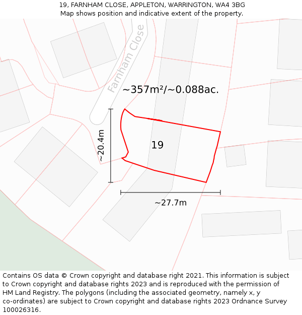 19, FARNHAM CLOSE, APPLETON, WARRINGTON, WA4 3BG: Plot and title map