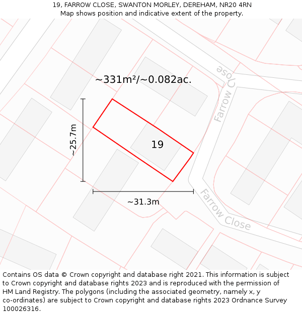 19, FARROW CLOSE, SWANTON MORLEY, DEREHAM, NR20 4RN: Plot and title map