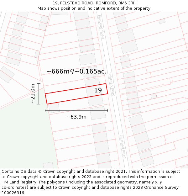 19, FELSTEAD ROAD, ROMFORD, RM5 3RH: Plot and title map
