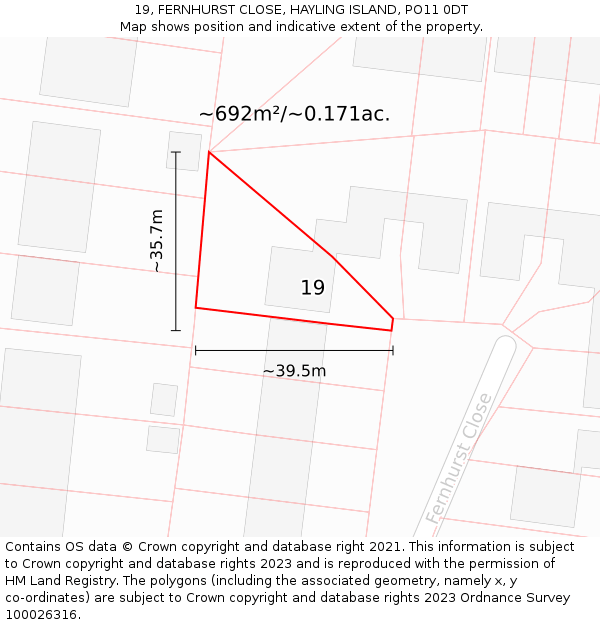 19, FERNHURST CLOSE, HAYLING ISLAND, PO11 0DT: Plot and title map