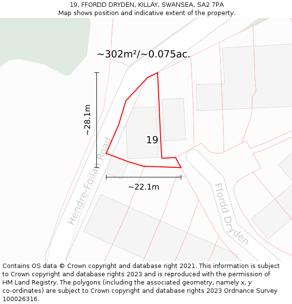 19, FFORDD DRYDEN, KILLAY, SWANSEA, SA2 7PA: Plot and title map
