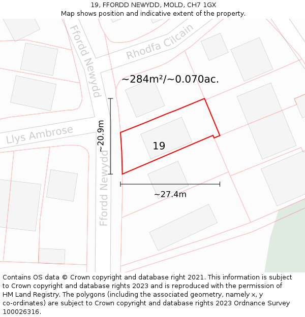 19, FFORDD NEWYDD, MOLD, CH7 1GX: Plot and title map