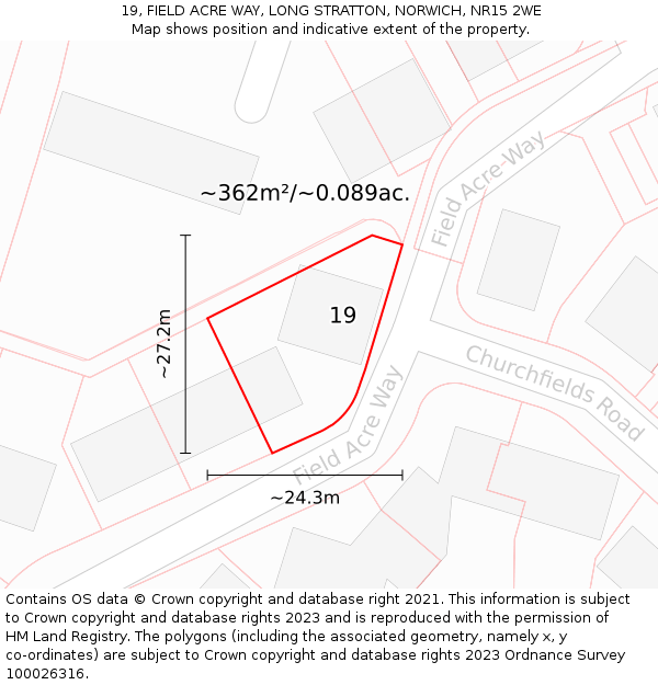 19, FIELD ACRE WAY, LONG STRATTON, NORWICH, NR15 2WE: Plot and title map
