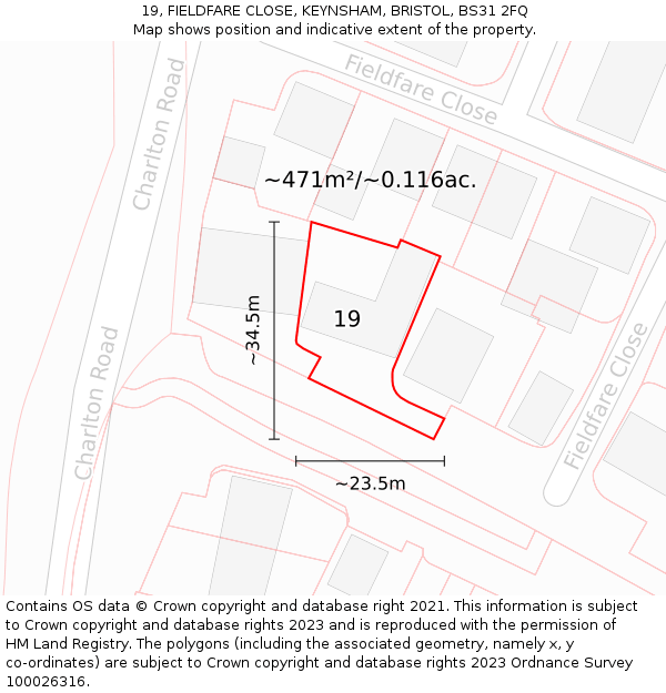19, FIELDFARE CLOSE, KEYNSHAM, BRISTOL, BS31 2FQ: Plot and title map