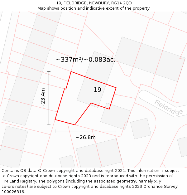 19, FIELDRIDGE, NEWBURY, RG14 2QD: Plot and title map