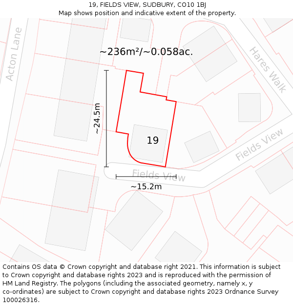 19, FIELDS VIEW, SUDBURY, CO10 1BJ: Plot and title map