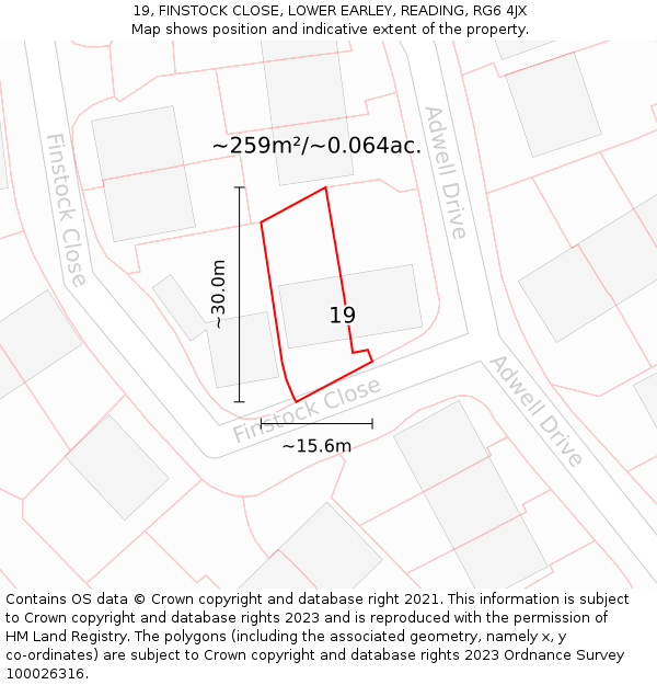 19, FINSTOCK CLOSE, LOWER EARLEY, READING, RG6 4JX: Plot and title map
