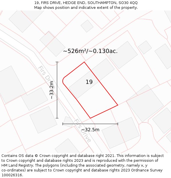 19, FIRS DRIVE, HEDGE END, SOUTHAMPTON, SO30 4QQ: Plot and title map