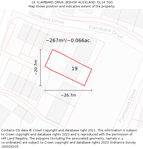19, FLAMBARD DRIVE, BISHOP AUCKLAND, DL14 7GG: Plot and title map