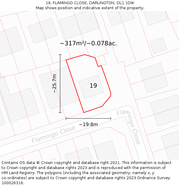 19, FLAMINGO CLOSE, DARLINGTON, DL1 1DW: Plot and title map