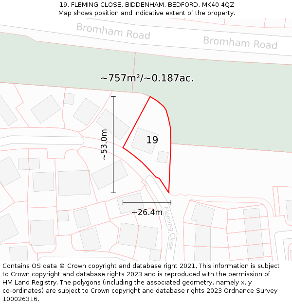 19, FLEMING CLOSE, BIDDENHAM, BEDFORD, MK40 4QZ: Plot and title map