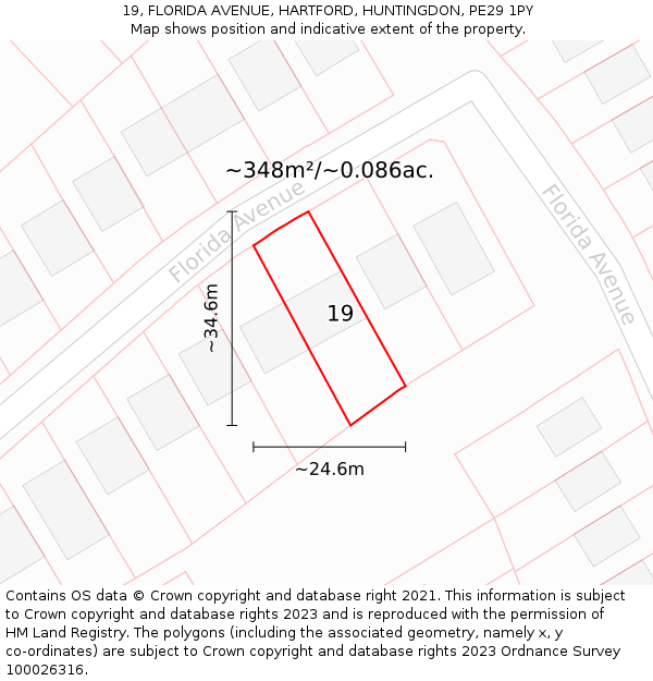 19, FLORIDA AVENUE, HARTFORD, HUNTINGDON, PE29 1PY: Plot and title map