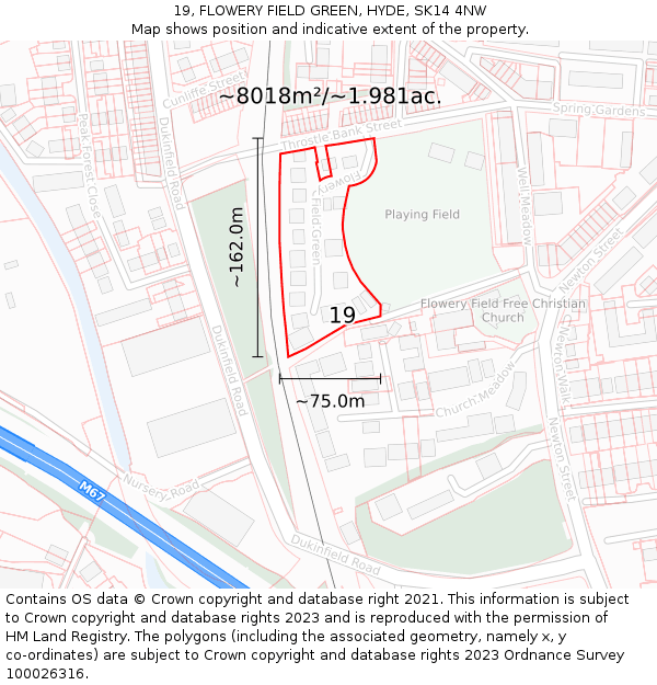 19, FLOWERY FIELD GREEN, HYDE, SK14 4NW: Plot and title map
