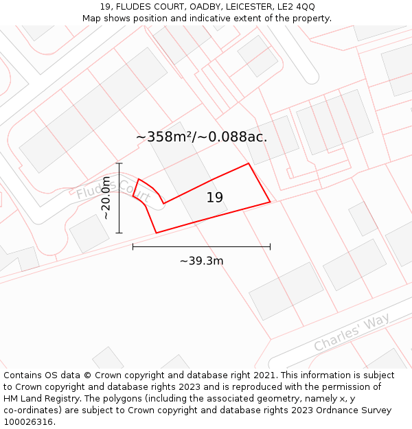 19, FLUDES COURT, OADBY, LEICESTER, LE2 4QQ: Plot and title map