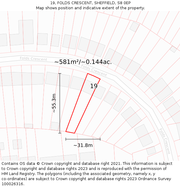 19, FOLDS CRESCENT, SHEFFIELD, S8 0EP: Plot and title map