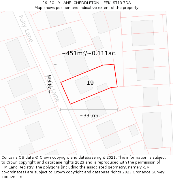 19, FOLLY LANE, CHEDDLETON, LEEK, ST13 7DA: Plot and title map