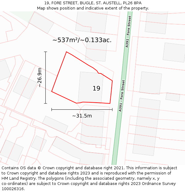 19, FORE STREET, BUGLE, ST. AUSTELL, PL26 8PA: Plot and title map