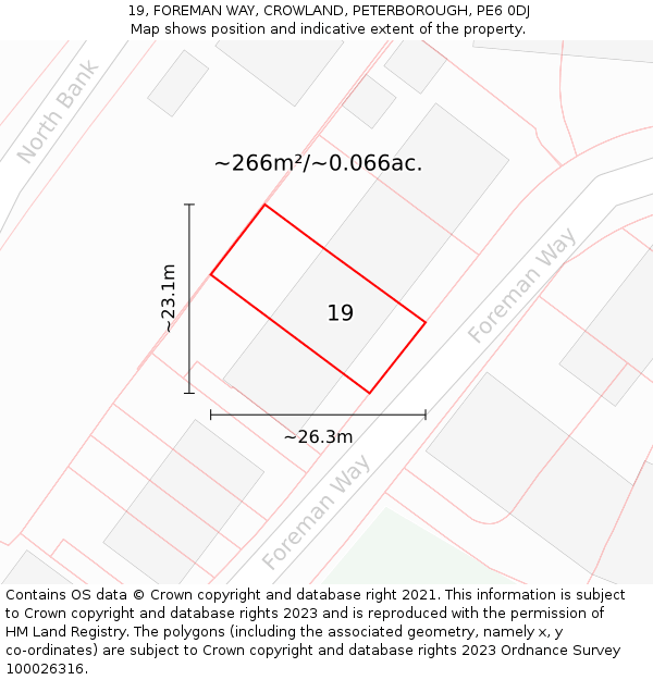 19, FOREMAN WAY, CROWLAND, PETERBOROUGH, PE6 0DJ: Plot and title map