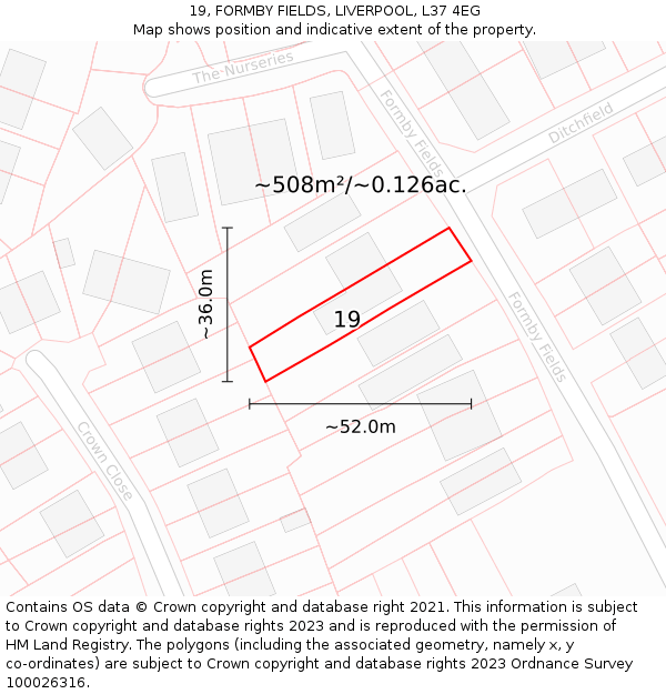 19, FORMBY FIELDS, LIVERPOOL, L37 4EG: Plot and title map