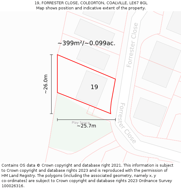 19, FORRESTER CLOSE, COLEORTON, COALVILLE, LE67 8GL: Plot and title map