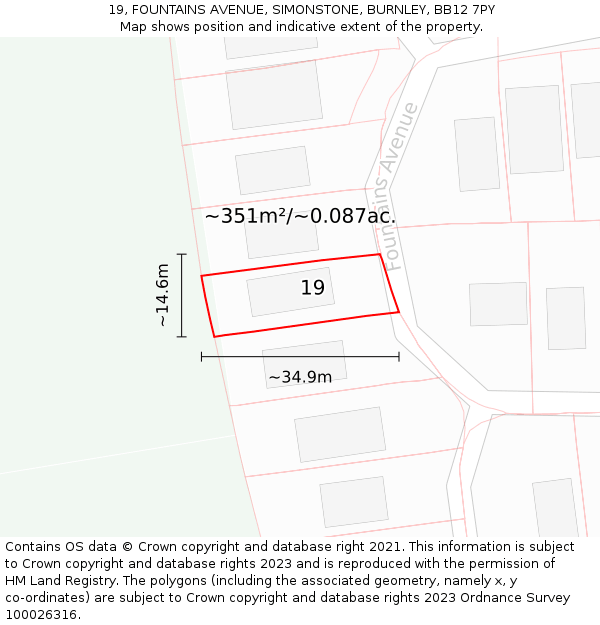 19, FOUNTAINS AVENUE, SIMONSTONE, BURNLEY, BB12 7PY: Plot and title map