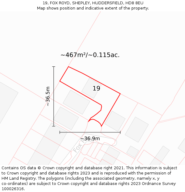 19, FOX ROYD, SHEPLEY, HUDDERSFIELD, HD8 8EU: Plot and title map