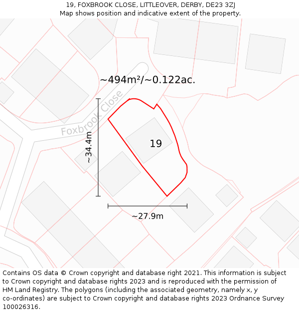 19, FOXBROOK CLOSE, LITTLEOVER, DERBY, DE23 3ZJ: Plot and title map