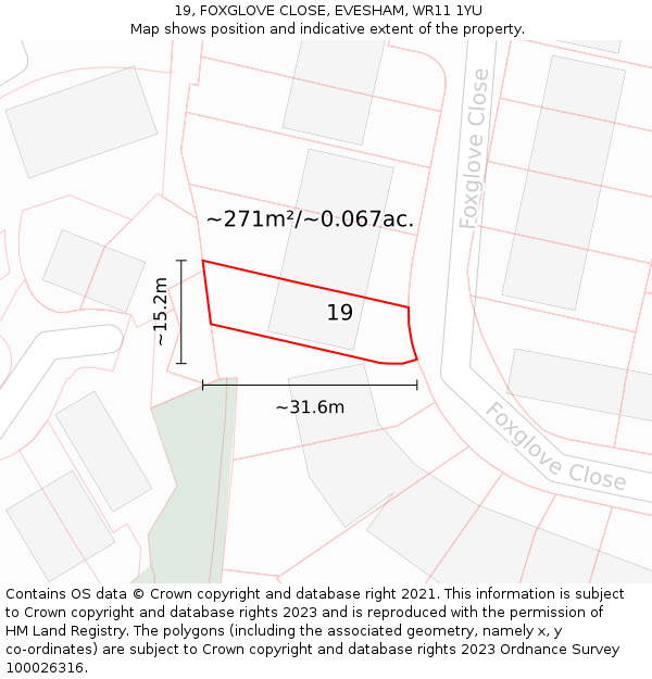 19, FOXGLOVE CLOSE, EVESHAM, WR11 1YU: Plot and title map